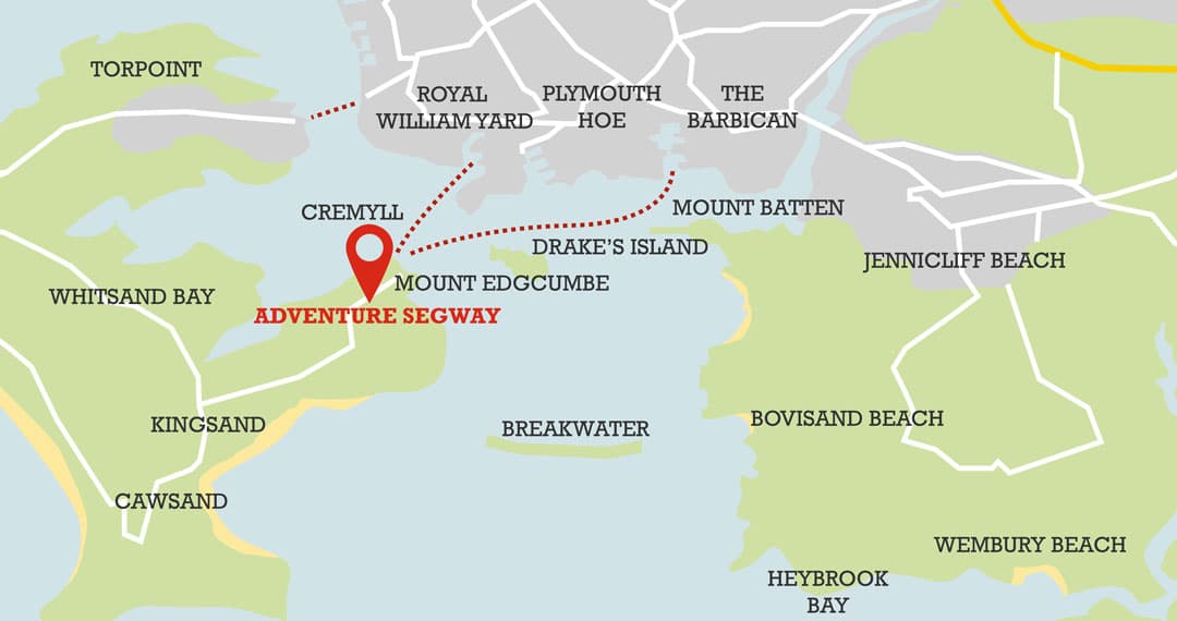 A map showing where Adventure Segway is located at Mount Edgcumbe Country Park.